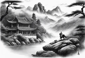 forearm sleeve traditional chinese art painting style autumn mountains mist fog water Chinese temple female with pony tail wearing robes seated meditating in the distance tattoo idea