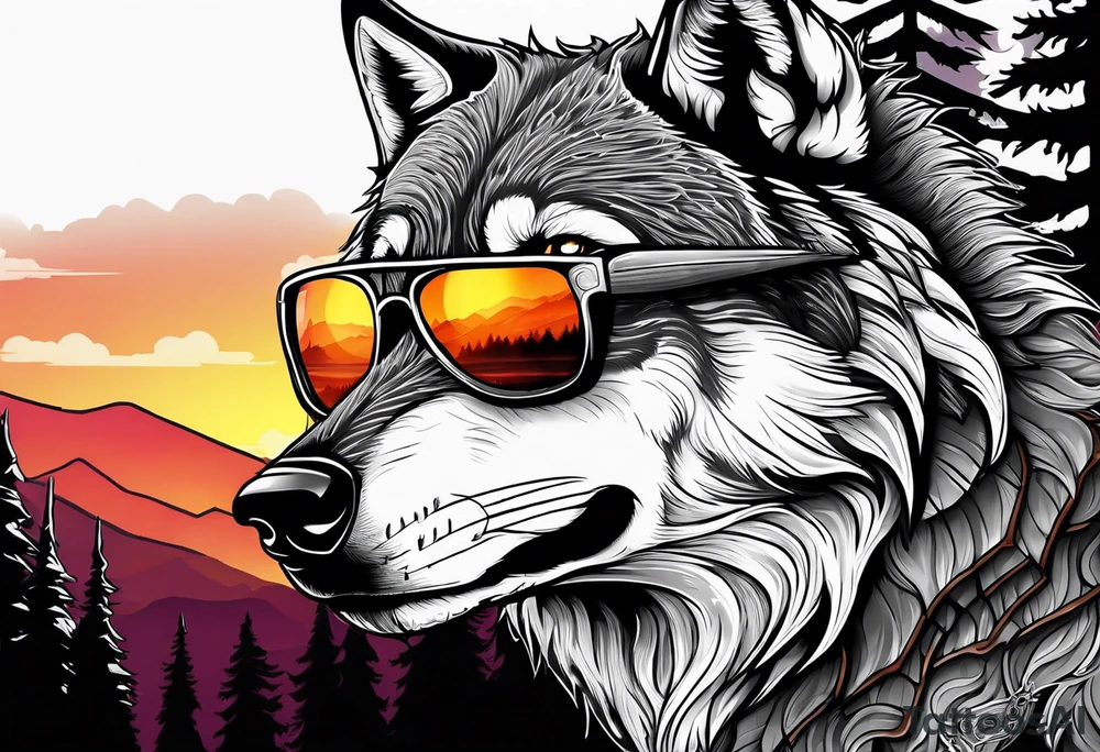 Badass wolf wearing sunglasses
Dark woods
Mountains
Sunset tattoo idea