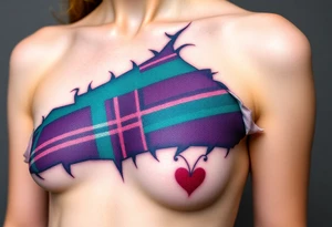 Lower chest

Dark Purple with green pink blue and white highlights tartan fabric with skin around edges peeling and wrapping around side of shoulder tattoo idea