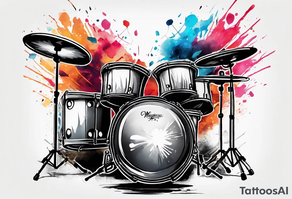 Stylized drums with sticks crossing over them, and a burst effect in the background to represent the energy of playing. tattoo idea