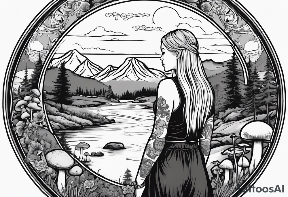 Whole picture encircled fully

Straight long blonde hair hippie girl in distance holding mushrooms in hand facing away toward mountains and creek surrounded by mushrooms long sleeve shirt and hiking pants; whole rendering within a full circle, no cut off circle tattoo idea