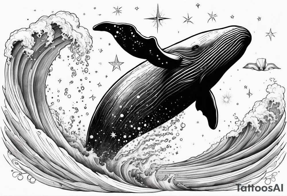 Moby dick inspired sperm whale jumping out of the water with the Virgo constellation in the sky tattoo idea