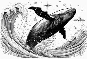 Moby dick inspired sperm whale jumping out of the water with the Virgo constellation in the sky tattoo idea