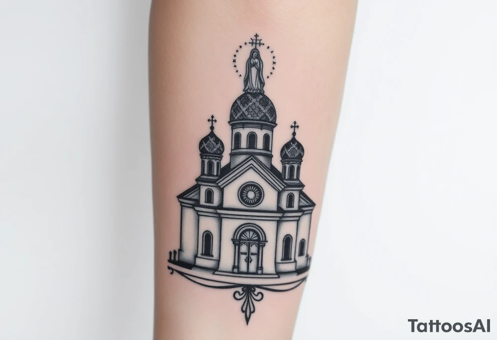 in a dorsal view a detailed medium sized country style orthodox church with onion domes and a band at the front with mist shrouding the top and fading into a virgin mary overlooking above at the top tattoo idea