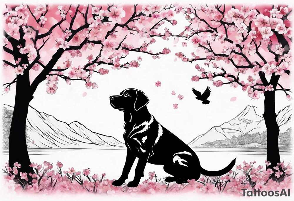 Silouette of a black lab sitting under a cherry blossom tree. Wrist size tattoo idea