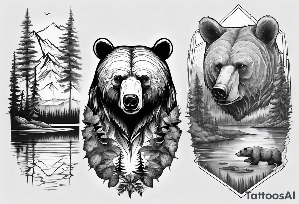 bear head right above the forest line with a lake below, full arm sleeve tattoo tattoo idea