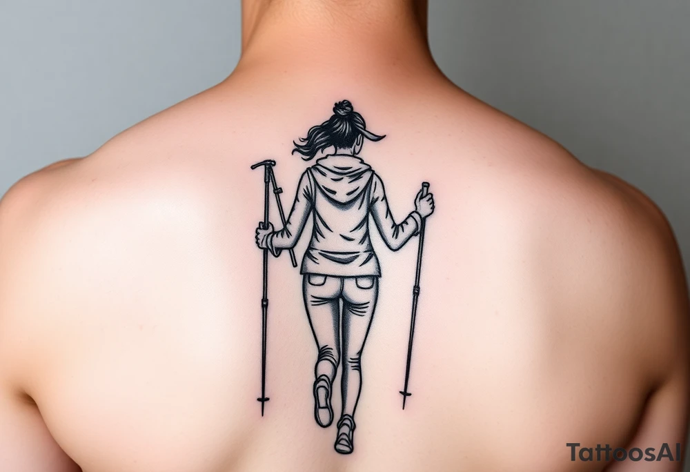 one fine line tattoo with a woman holding hiking poles and running 
(from behind) tattoo idea