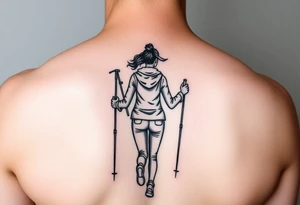 one fine line tattoo with a woman holding hiking poles and running 
(from behind) tattoo idea