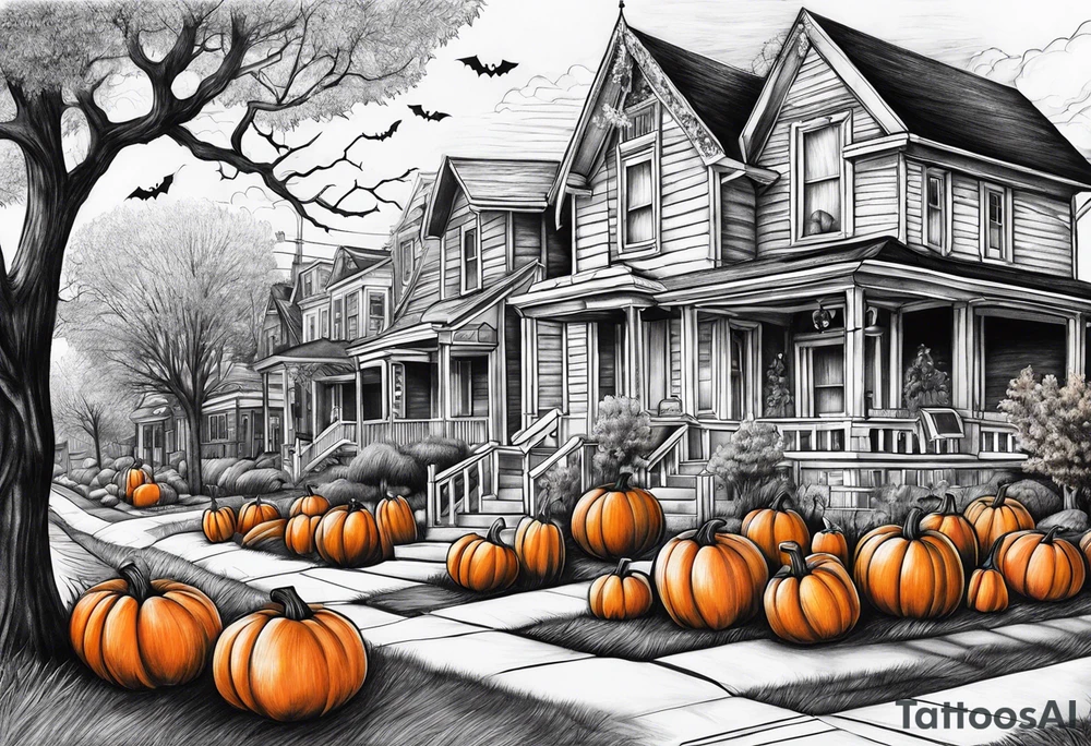 Neighborhood street in fall with Halloween pumpkin tattoo idea