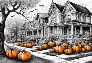 Neighborhood street in fall with Halloween pumpkin tattoo idea