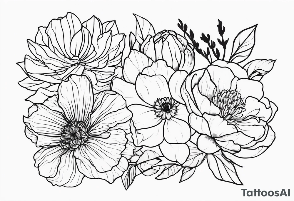make me a flower design tattoo, that has 8 flowers peony, carnation, daffodil, daphne, dahlia, desiree, daisy and rose tattoo idea