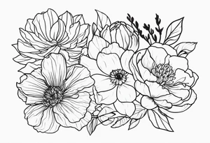 make me a flower design tattoo, that has 8 flowers peony, carnation, daffodil, daphne, dahlia, desiree, daisy and rose tattoo idea