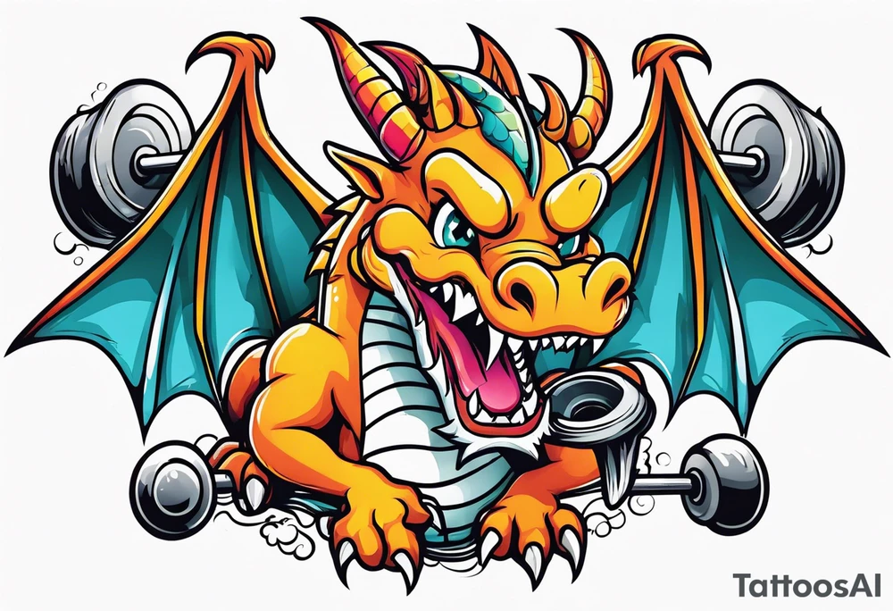 Dragon biting a dumbbell tattoo idea