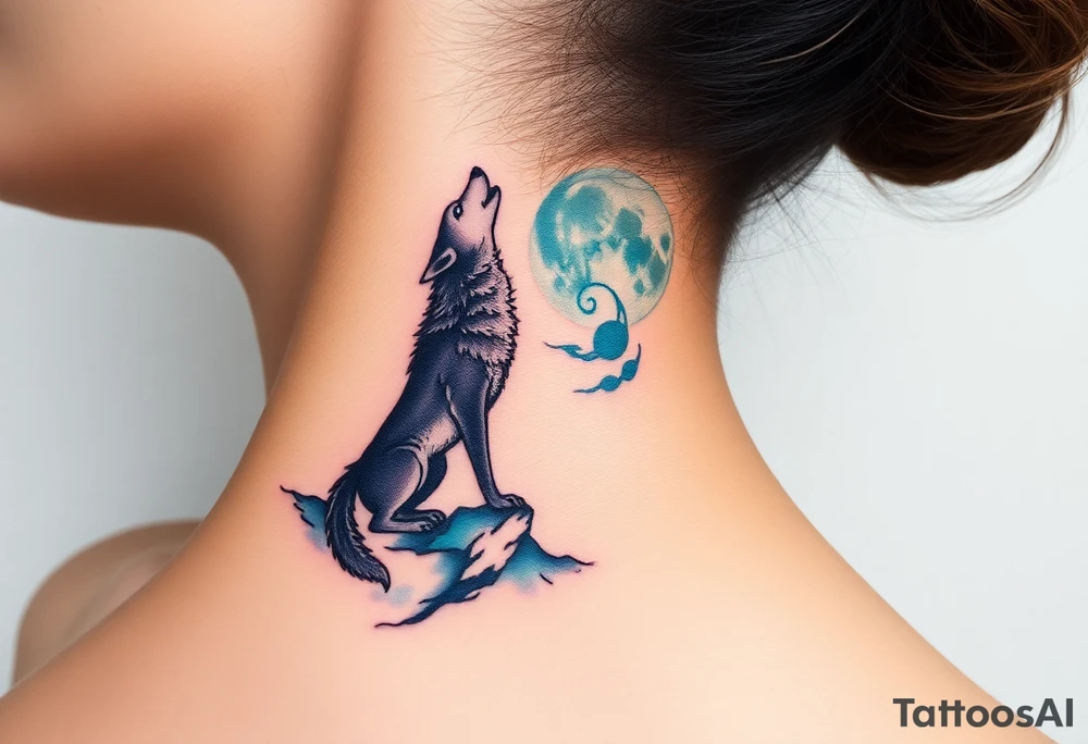 lone wolf howling at full moon with northern lights backdrop tattoo idea