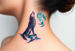 lone wolf howling at full moon with northern lights backdrop tattoo idea