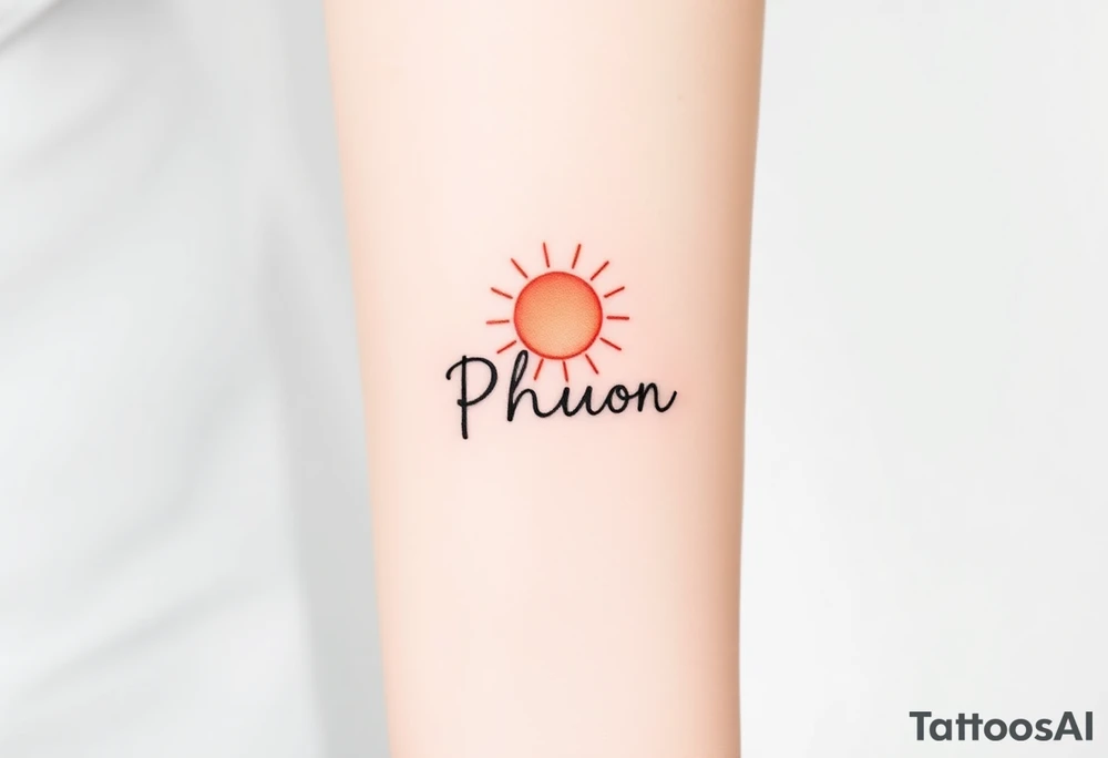 Word "PHUONG" written vertical with the sun. tattoo idea
