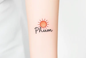 Word "PHUONG" written vertical with the sun. tattoo idea