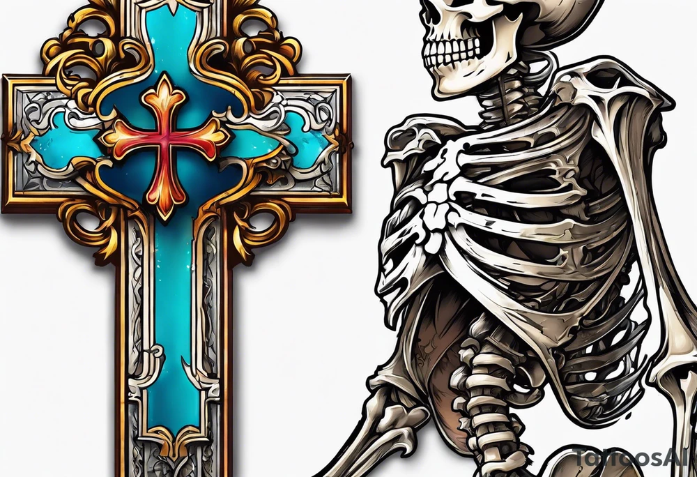 skeleton walking with a cross tattoo idea
