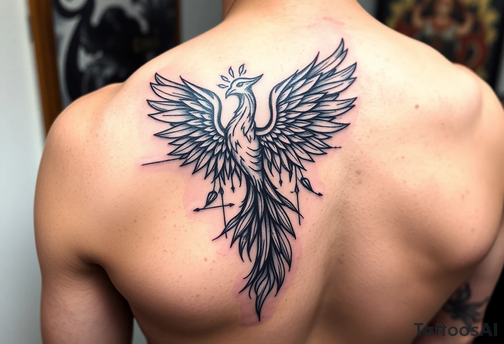 Side arm tattoo with the phoenix rising from the ashes linked with libra sign and based on discipline and the help of God.Geometric and abstract style tattoo idea