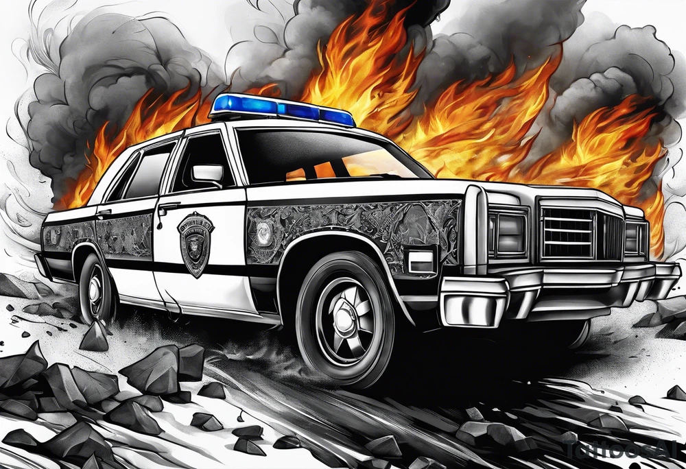 destroyed police car on fire, more realistic tattoo idea