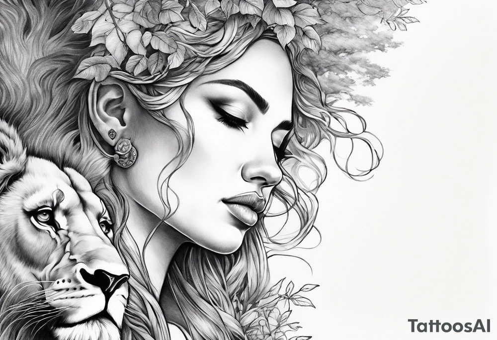 Forest goddess looking down side profile  tree branches forming into her face with full male lions head facing her as to protect her middle arm sleeve tattoo idea