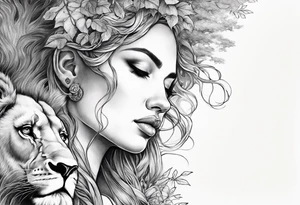 Forest goddess looking down side profile  tree branches forming into her face with full male lions head facing her as to protect her middle arm sleeve tattoo idea