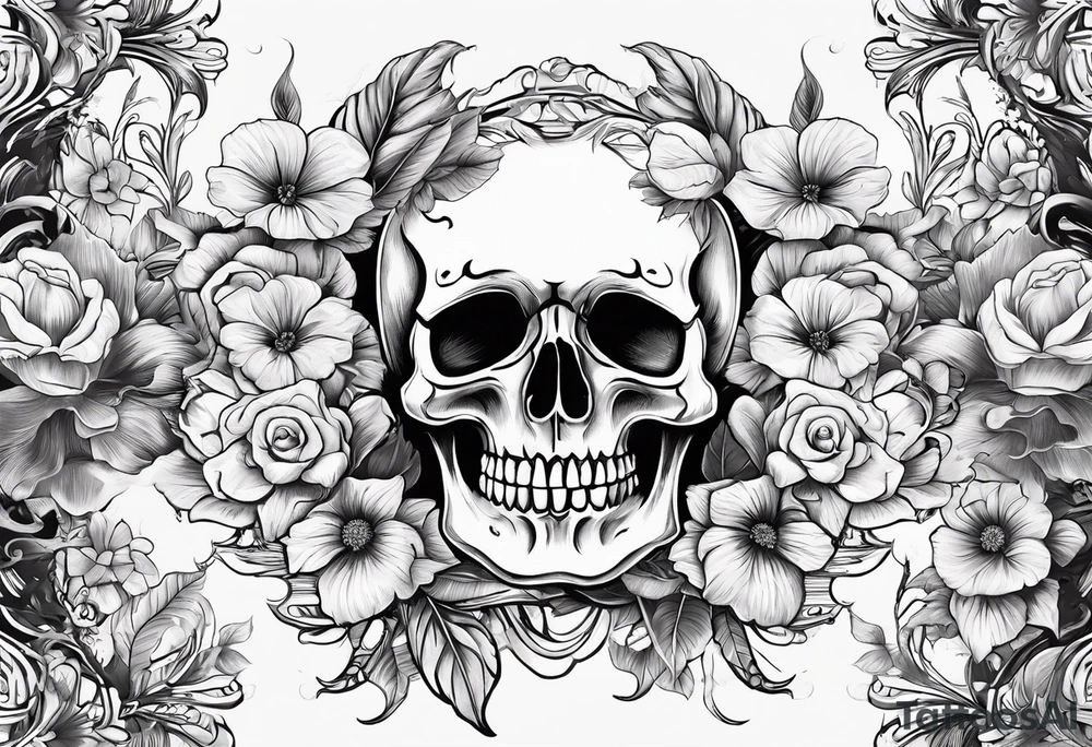 a male and female skeleton with bibiscus flowers. western style tattoo idea