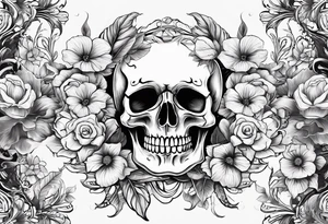 a male and female skeleton with bibiscus flowers. western style tattoo idea