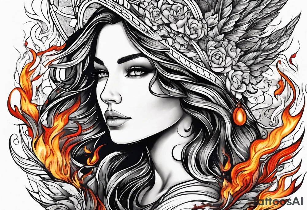 Resurrection strength and courage Beautiful Woman walking through fire and chaos to inner peace and self-love  ethereal tattoo idea