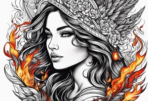 Resurrection strength and courage Beautiful Woman walking through fire and chaos to inner peace and self-love  ethereal tattoo idea