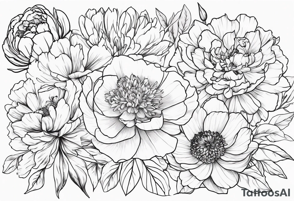 make me a tattoo that has one of each following flowers peony, carnation, daffodil, daphne, dahlia, desiree, daisy and rose tattoo idea