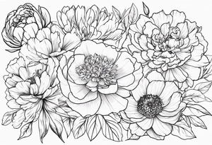 make me a tattoo that has one of each following flowers peony, carnation, daffodil, daphne, dahlia, desiree, daisy and rose tattoo idea