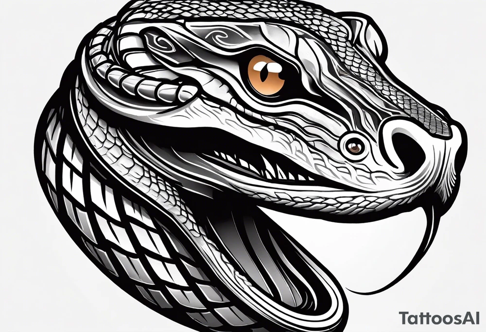 black and white drawing of a snake head with copper eyes an open mouth with mountain bike tire body tattoo idea