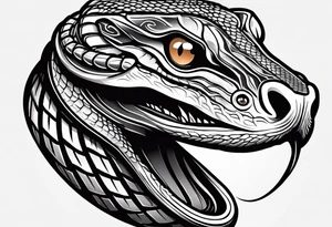 black and white drawing of a snake head with copper eyes an open mouth with mountain bike tire body tattoo idea