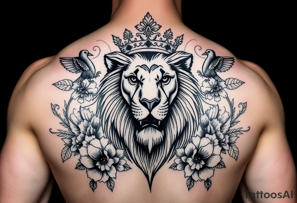powerful majestic lion with a crown, surrounded by floral ornaments and birds tattoo idea