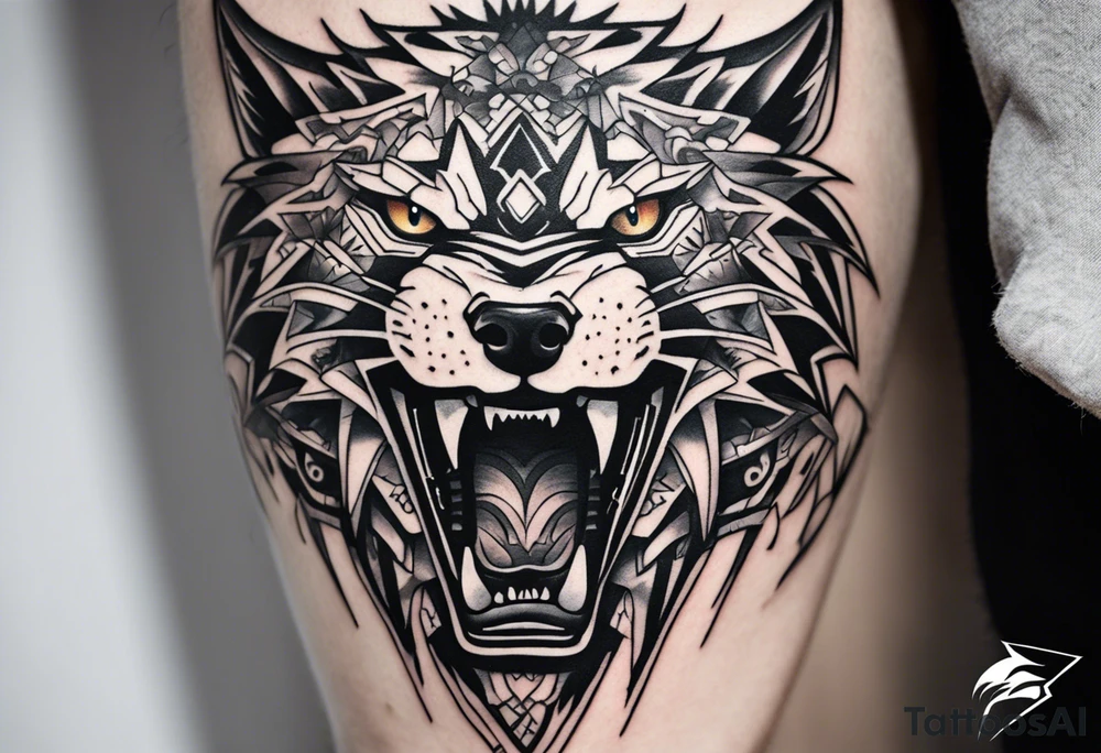 A tattoo designed for the knee, featuring the face of a feral beast with wild, exaggerated features, such as sharp fangs, intense eyes, and a snarling expression. The design incorporates large areas of white space for contrast, with beams of light or energy radiating outward from the beast’s eyes in a chaotic and powerful pattern. The overall look should be bold and primal, with flowing lines that adapt naturally to the curvature of the knee. tattoo idea