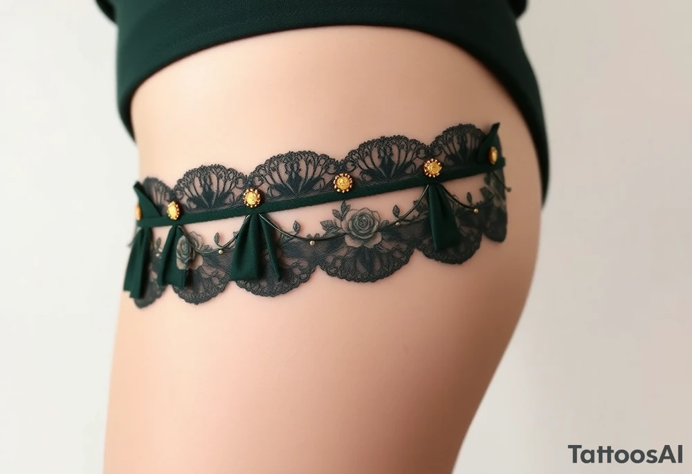 garter tattoo with dark forest green velvet, with baroque-inspired gold accents and tiny intricate roses tattoo idea