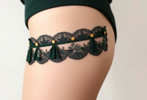 garter tattoo with dark forest green velvet, with baroque-inspired gold accents and tiny intricate roses tattoo idea