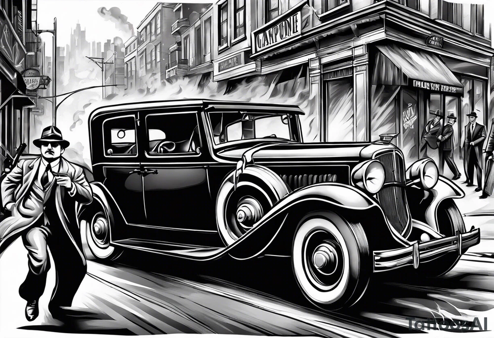 Al Capone style gangsters fighting with machine guns, set with a 1930s city street background, include a 1930's car speeding by , flames and smoke, bullets flying tattoo idea