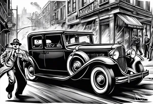 Al Capone style gangsters fighting with machine guns, set with a 1930s city street background, include a 1930's car speeding by , flames and smoke, bullets flying tattoo idea