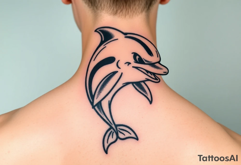 Cartoon mischevious teen age dolphin tattoo idea