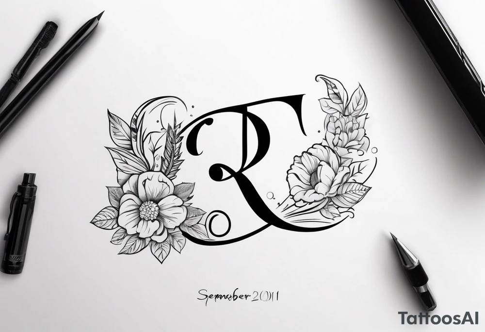 Virgo and Sagittarius zodiac signs with letter RR and date September 11 tattoo idea