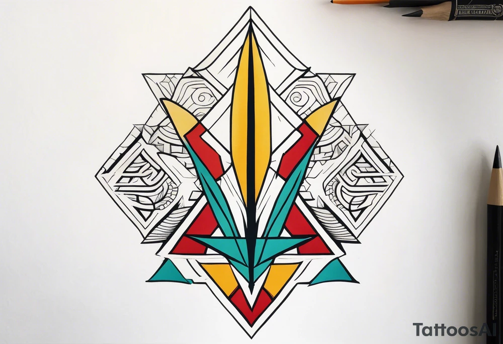 Bold geometric tapestry trident in colour on arm tattoo idea