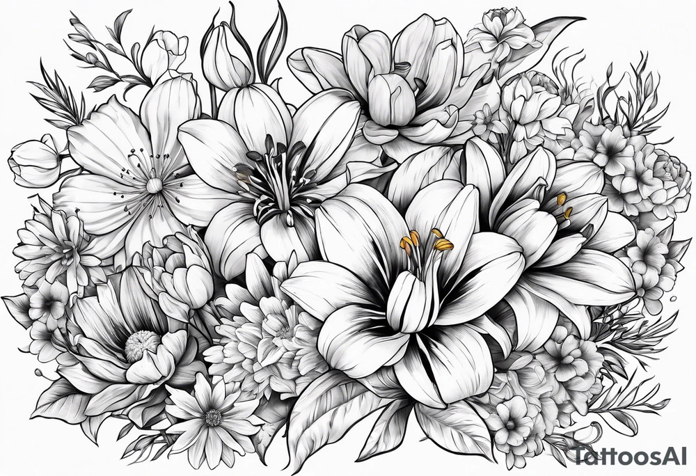 lily, marigold, tulip, cosmo, and aster tattoo idea