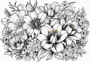 lily, marigold, tulip, cosmo, and aster tattoo idea