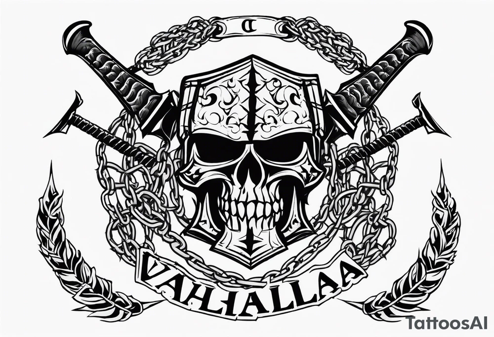 Valhalla round shield axe barbed wire chains tattoo idea
