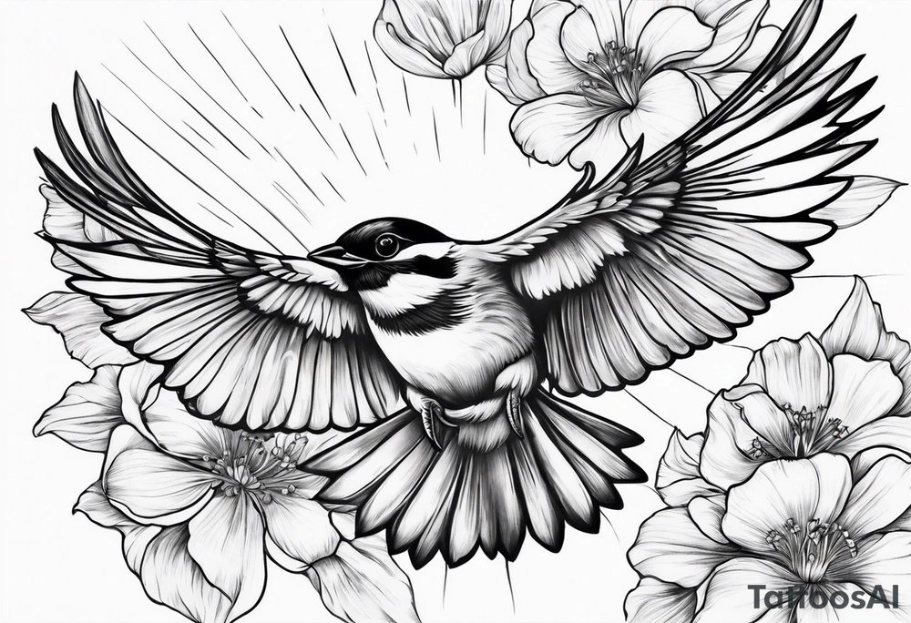 one flying 
sparrow, sunrays, 
make it a neck sleeve
add in a cosmos, iris, daisy, poppy and larkspur tattoo idea