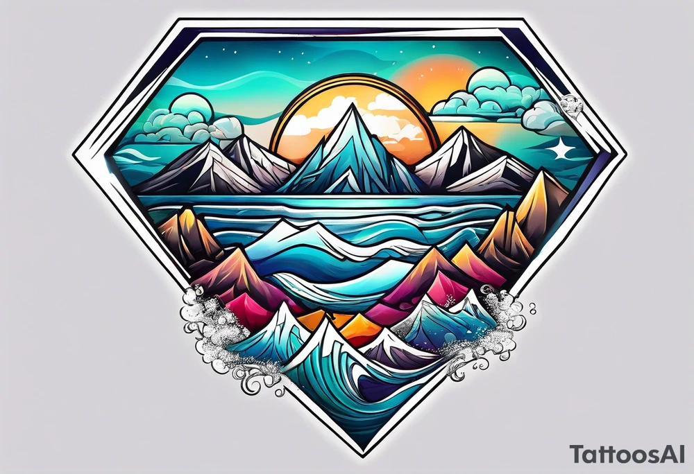 Mountains and ocean waves  crashing diamond shape tattoo idea