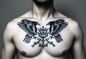 Chest tattoo, two ravens and icelandic symbols, dark brest tattoo, crown betwen ravens tattoo idea