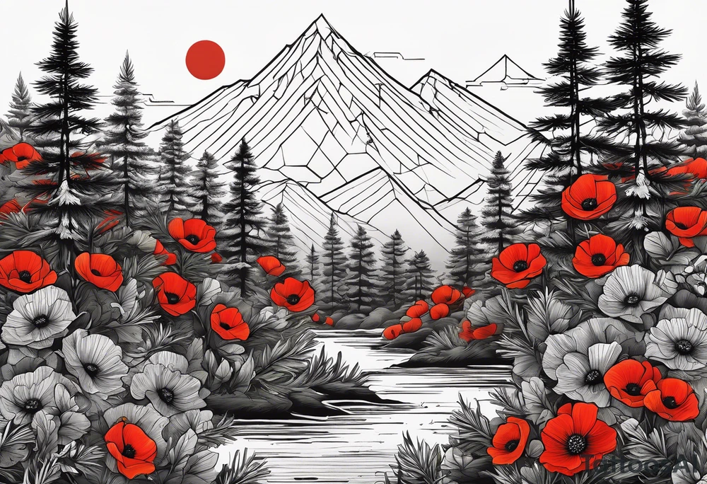 a forest of pine trees with one small poppy in front and the korean word for patience tattoo idea